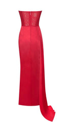 Crystallized Corset High Slit Satin Gown